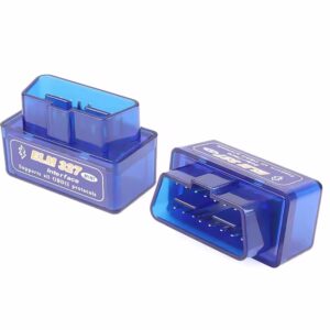 Two views of the blue ELM327 Mini Bluetooth OBD2 scanner showing the front label and the 16-pin OBD connector