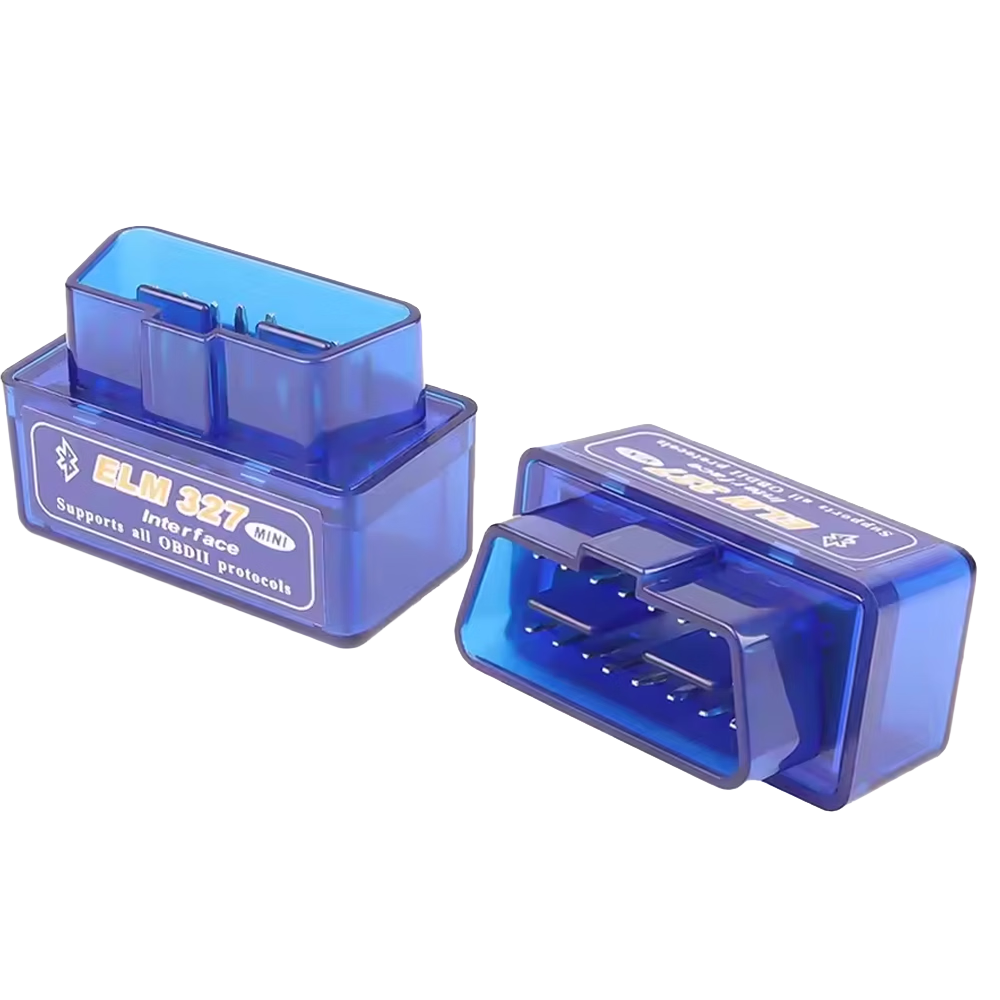 Two views of the blue ELM327 Mini Bluetooth OBD2 scanner showing the front label and the 16-pin OBD connector