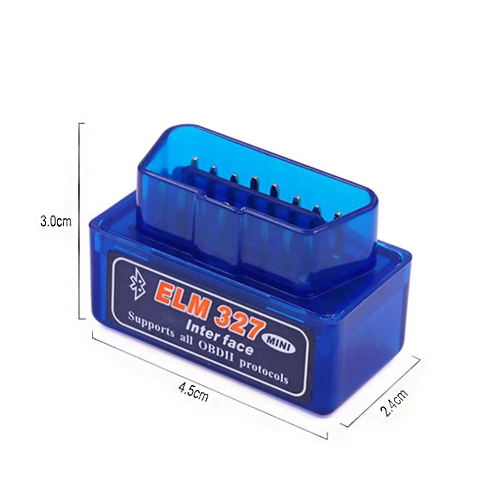 Blue ELM327 Mini Bluetooth OBD2 scanner with dimensions marked: 4.5cm long, 2.4cm wide and 3.0cm high